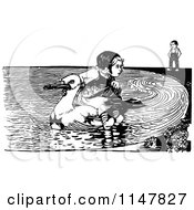Clipart Of A Retro Vintage Black And White Boy Watching A Girl Ride A Duck Royalty Free Vector Illustration by Prawny Vintage