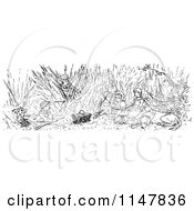 Clipart Of A Retro Vintage Black And White Dog And Children In Tall Grass Royalty Free Vector Illustration