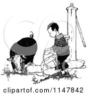 Poster, Art Print Of Retro Vintage Black And White Boy Giving Water To A Pig