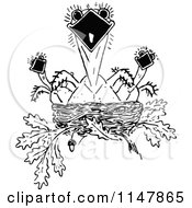 Clipart Of A Retro Vintage Black And White Nest Of Hungry Birds Royalty Free Vector Illustration