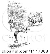 Clipart Of A Retro Vintage Black And White Bull Chasing A Boy Royalty Free Vector Illustration