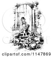 Clipart Of A Retro Vintage Black And White Children With Goats Royalty Free Vector Illustration