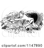 Clipart Of A Retro Vintage Black And White Man Chasing A Frog Royalty Free Vector Illustration