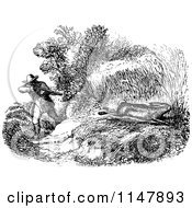 Clipart Of A Retro Vintage Black And White Man Hunting A Rabbit Royalty Free Vector Illustration