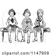 Clipart Of Retro Vintage Black And White Girls Sitting On A Bench Royalty Free Vector Illustration