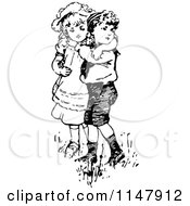 Clipart Of Retro Vintage Black And White Children Being Affectionate Royalty Free Vector Illustration