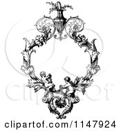 Clipart Of A Retro Vintage Black And White Ornate Floral Cherub Frame Royalty Free Vector Illustration