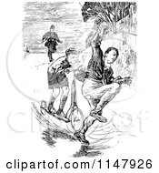 Clipart Of A Retro Vintage Black And White Scooter Boy Hitting A Man Royalty Free Vector Illustration