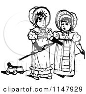 Clipart Of Retro Vintage Black And White Girls With An Umbrella And Pull Toy Royalty Free Vector Illustration