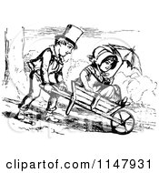 Poster, Art Print Of Retro Vintage Black And White Boy Pushing A Girl In A Wheelbarrow