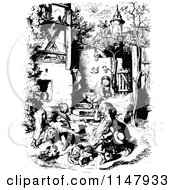 Clipart Of Retro Vintage Black And White Children Playing Outside Royalty Free Vector Illustration