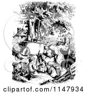 Clipart Of Retro Vintage Black And White Kids Playing Outside By A Water Pump Royalty Free Vector Illustration