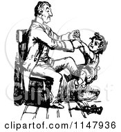 Clipart Of A Retro Vintage Black And White Father And Son Playing In A Chair Royalty Free Vector Illustration
