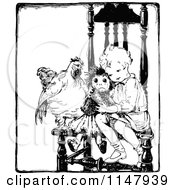 Poster, Art Print Of Retro Vintage Black And White Child Sitting With A Doll And Chicken