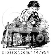 Clipart Of A Retro Vintage Black And White Boy With A Toy Horse Royalty Free Vector Illustration