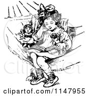 Clipart Of A Retro Vintage Black And White Girl And Dolls In A Hammock Royalty Free Vector Illustration