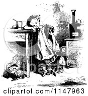 Poster, Art Print Of Retro Vintage Black And White Girl Leaning On A Table With A Doll
