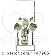 Clipart Of A Retro Vintage Green Girl With A Doll Trees And Copyspace Royalty Free Vector Illustration