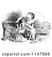 Clipart Of A Retro Vintage Black And White Little Girl Playing With Her Dolls Royalty Free Vector Illustration