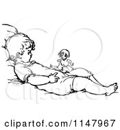Clipart Of A Retro Vintage Black And White Baby Playing With A Doll Royalty Free Vector Illustration by Prawny Vintage
