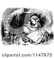 Clipart Of A Retro Vintage Black And White Girl Playing With A Doll 2 Royalty Free Vector Illustration