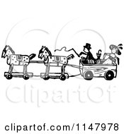 Clipart Of A Retro Vintage Black And White Toy Wheel Horses And A Wagon With Dolls Royalty Free Vector Illustration