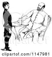 Clipart Of A Retro Vintage Black And White Boy Standing Tall And Talking To A Sitting Man Royalty Free Vector Illustration