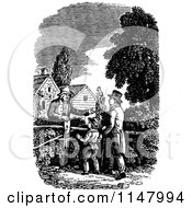 Clipart Of A Retro Vintage Black And White Father And Son Talking To A Man Royalty Free Vector Illustration