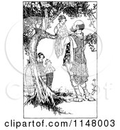 Clipart Of A Retro Vintage Black And White Man Getting A Boy Out Of A Tree Royalty Free Vector Illustration