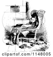 Poster, Art Print Of Retro Vintage Black And White Cat Playing By A Girl In A Chair