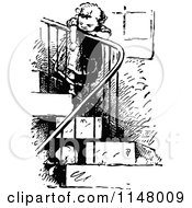 Clipart Of A Retro Vintage Black And White Reaching Over Stair Railing Royalty Free Vector Illustration