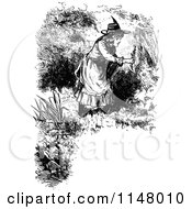 Poster, Art Print Of Retro Vintage Black And White Border Of Girl Picking Flowers