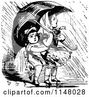 Poster, Art Print Of Retro Vintage Black And White Children With An Umbrella