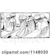 Clipart Of Retro Vintage Black And White School Girls On Benches Royalty Free Vector Illustration