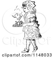 Clipart Of A Retro Vintage Black And White Girl Carrying A Tea Tray Royalty Free Vector Illustration