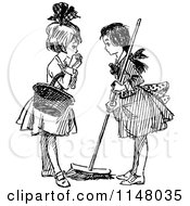Poster, Art Print Of Retro Vintage Black And White Girls Sweeping And Talking