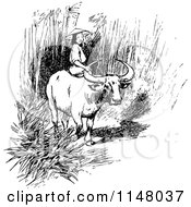 Clipart Of A Retro Vintage Black And White Asian Girl Riding An Ox Royalty Free Vector Illustration