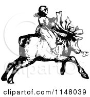 Clipart Of A Retro Vintage Black And White Girl Riding A Reindeer Royalty Free Vector Illustration