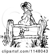Clipart Of A Retro Vintage Black And White Girl Sitting On A Fence Royalty Free Vector Illustration