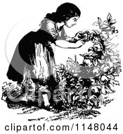 Clipart Of A Retro Vintage Black And White Girl Looking At Flowers Royalty Free Vector Illustration