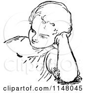 Clipart Of A Retro Vintage Black And White Child Leaning Against Their Hand Royalty Free Vector Illustration