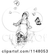 Clipart Of A Retro Vintage Black And White Girl And Butterflies Royalty Free Vector Illustration