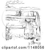 Clipart Of A Retro Vintage Black And White Girl Watching A Cow Through A Fence Royalty Free Vector Illustration