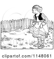 Clipart Of A Retro Vintage Black And White Girl Holding Her Dress In The Garden Royalty Free Vector Illustration