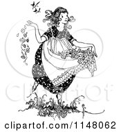 Clipart Of A Retro Vintage Black And White Girl Carrying Flowers In Her Dress Royalty Free Vector Illustration