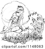 Clipart Of A Retro Vintage Black And White Girl Sitting In A Garden Royalty Free Vector Illustration