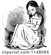 Clipart Of A Retro Vintage Black And White Sad Girl Royalty Free Vector Illustration