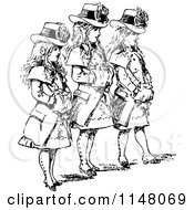 Clipart Of A Retro Vintage Black And White Trio Of Girls In Hats And Coats Royalty Free Vector Illustration