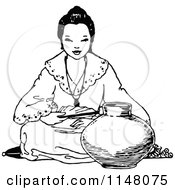 Clipart Of A Retro Vintage Black And White Asian Girl Sitting With A Pot Royalty Free Vector Illustration
