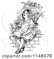 Clipart Of A Retro Vintage Black And White Girl Sitting On A Wall Royalty Free Vector Illustration